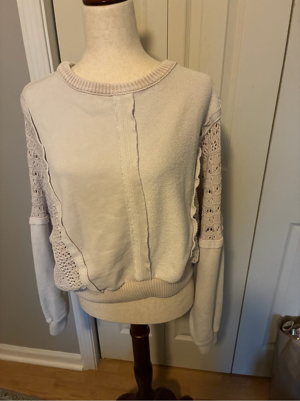 Altar'd State Cream Mixed-Knit Crochet Sleeve Crewneck Sweater